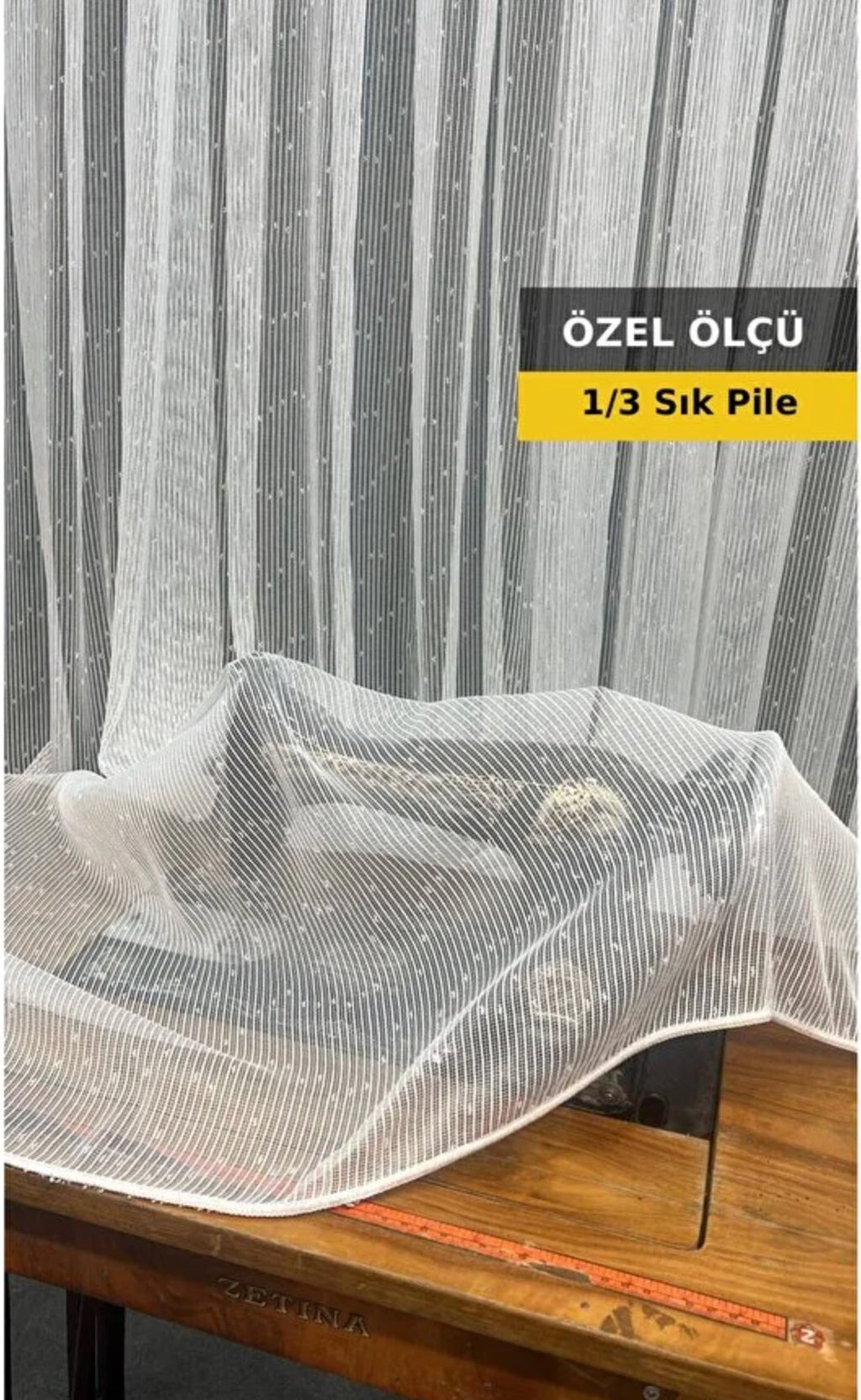 Nope Desen Çizgili Kartopu Ütü İstemez 1/3 Kat Pile Ekru Tül Perde